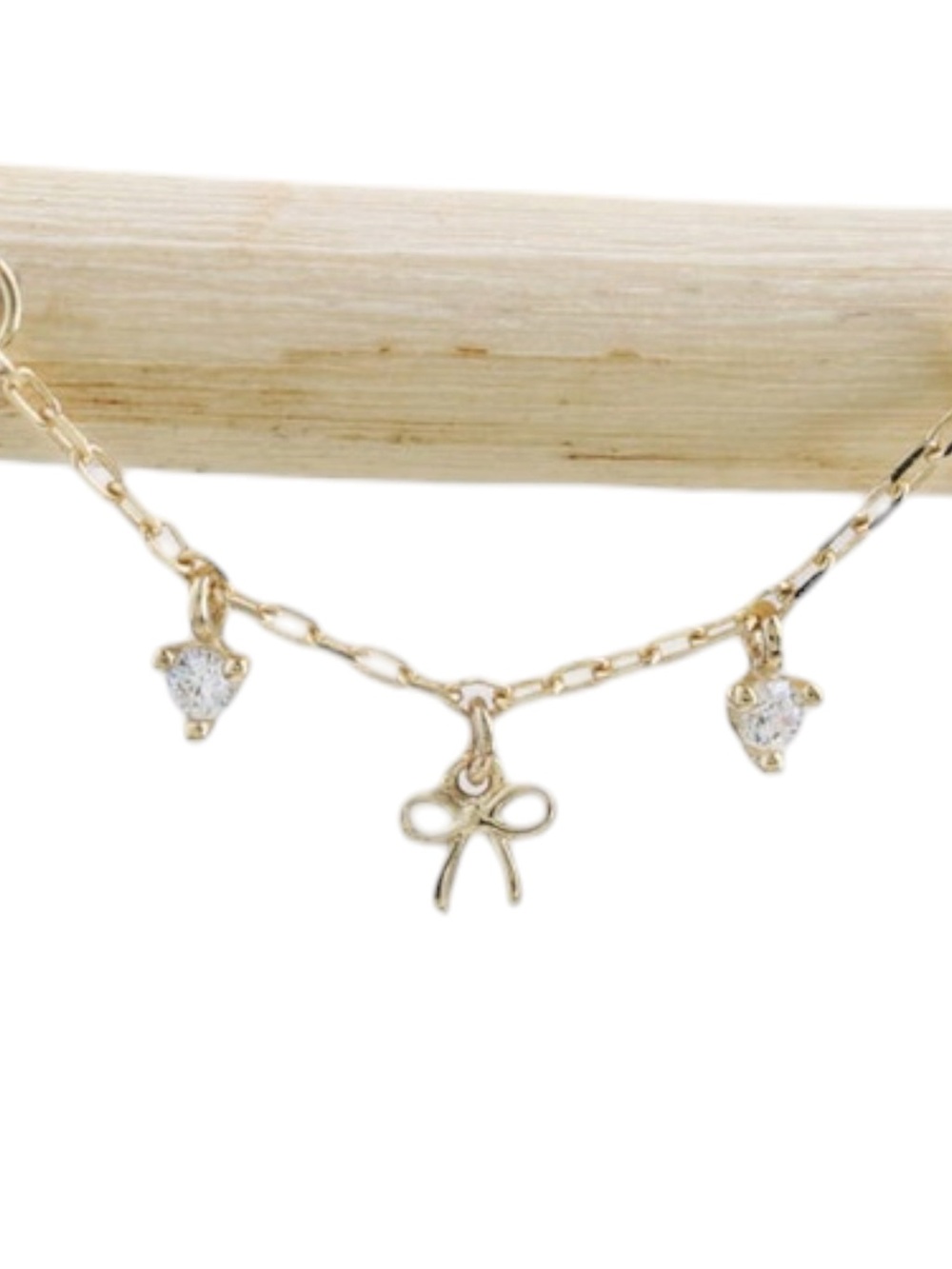 14K Solid Gold Bow Charm with Diamond Dangle, Delicate Chain Connector